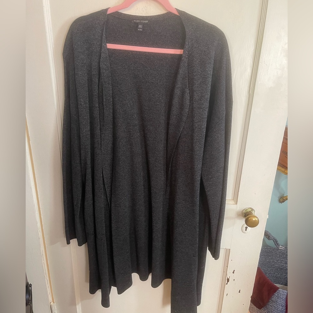 Eileen Fisher long charcoal gray cardigan XL